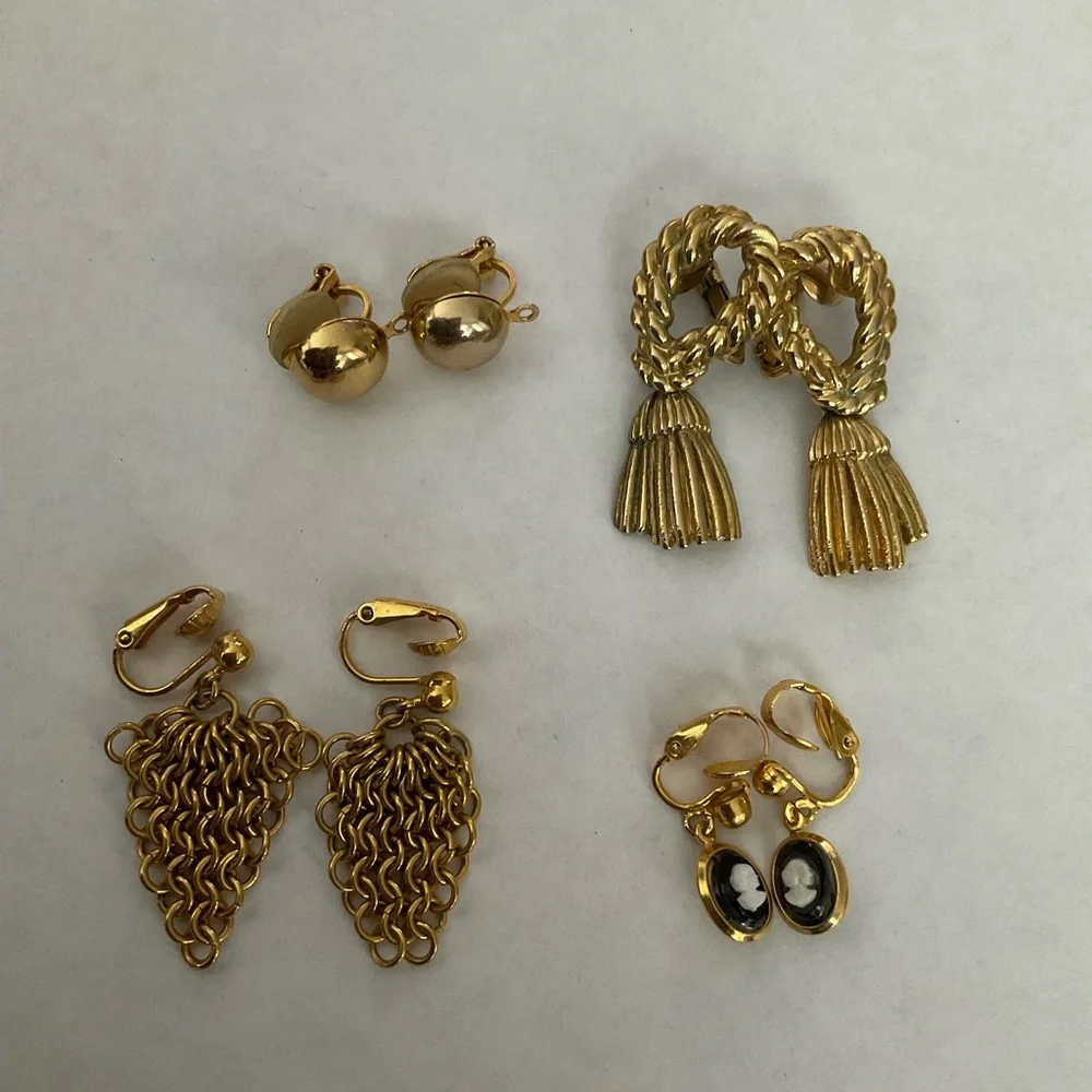 FOUR PAIRS OF‎ VINTAGE GOLD TONE CLIP ON EARRINGS